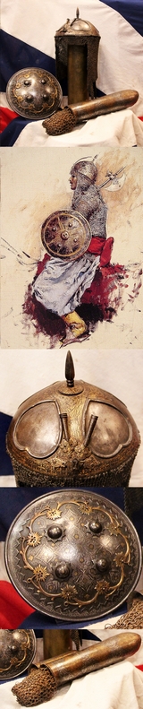 A Gold Inlaid Traditional Persian Armour Suite, of Helmet, Shield & Arm Defence. The Kulah Khud,(کلاه‌خود)  Sipar (سپر), and Bazu Band (بازوبند). Late 18th to Early 19th Century, Possibly Wootz Steel { Pulad}