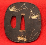 A Fine Edo Tsuba Kaga Kyoto Praying Mantis, Cricket Butterfly in Gold Inlay