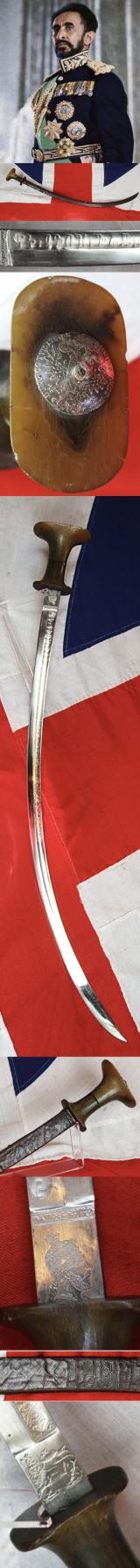 ⚔️Original 19th Century Carved Blonde Rhino Horn Hilted Emperor Menelik IInd Ethiopian  Shotel With Deeply Curved Fully Etched Blade With Scrolling, Amharic Script & a 1780 Silver Austro Hungarian Thaler Pommel. & Used Into Reign of Emperor Haile Selassie