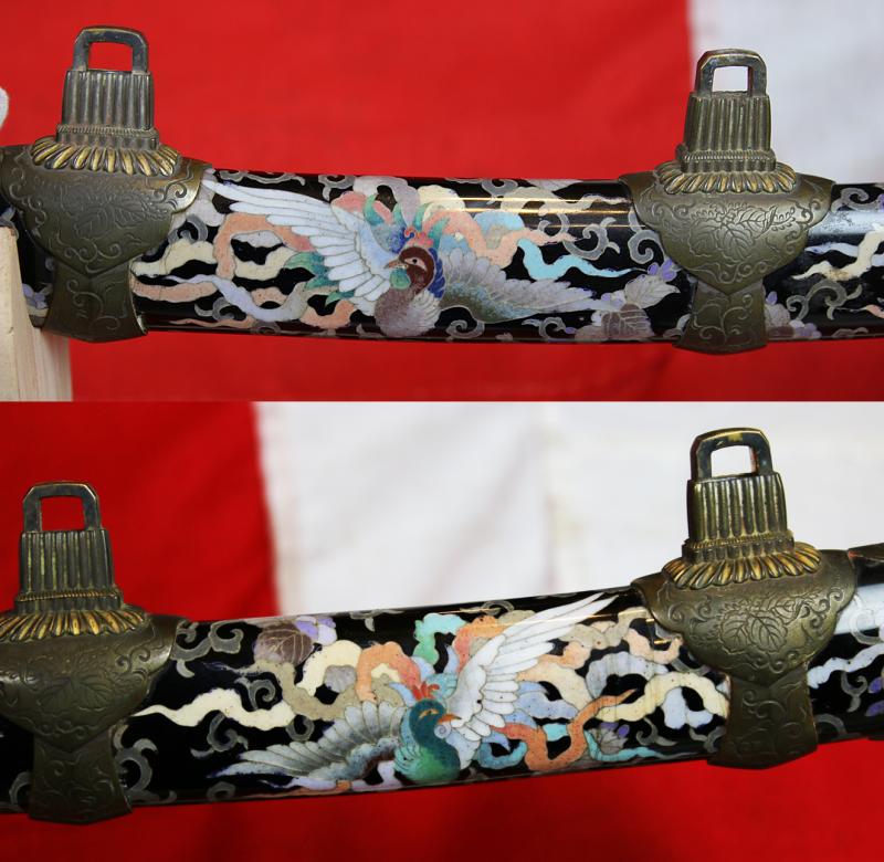 A Stunning True Art Sword. A Spectacular & Immensely. Beautiful Museum Grade Cloisonne Enamel Samurai's Suzaku Phoenix Tachi With A Signed Shinto Blade By Bizen Kuniyoshi. Bearing the Paulownia Mon of the Imperial Court