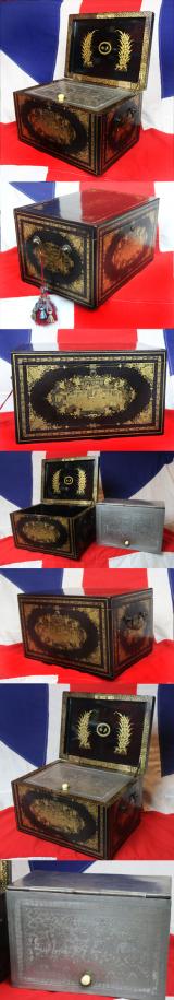 A fabulous Chinese Export Chinoisserie Black Lacquer and Gold Large Tea Caddy Chest of the Finest Quality, King George IIIrd, circa 1800's from the Estate of a 23rd Foot, Royal Welsh Fusiliers Peninsular War and Waterloo Officer George Fielding