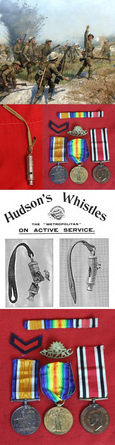 WW1 Hudson 1907 Patent Trench Whistle & Khaki Webbing Button Strap, Cheshire Regt. Trio of Medals Plus His Overseas Service Stripe, and Anzac Sweetheart Badge