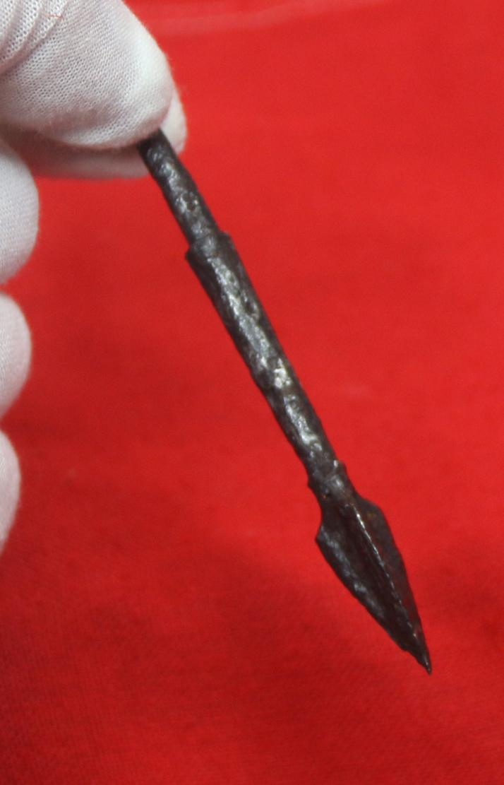 A Superb Condition Relic From the Battle of Agincourt. A Fierce-Some Armour or Helmet Piercing Welsh Longbowman'sTanged Long Arrowhead. Recovered From Azincourt in the 1820's