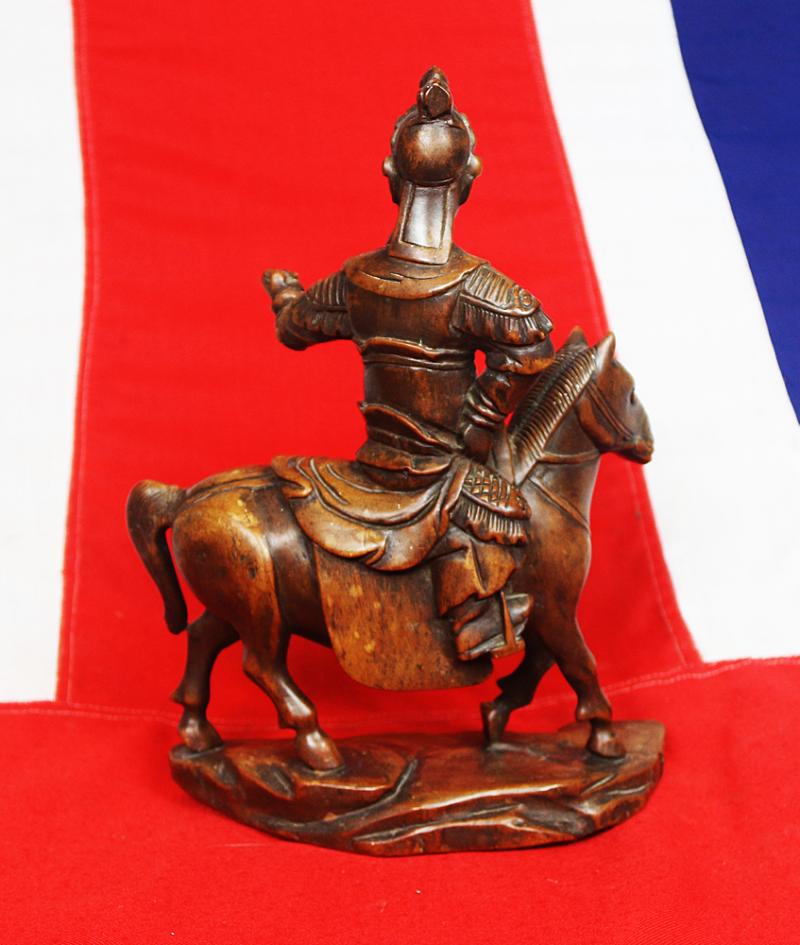 A Most Attractive Qing {Ching} Dynasty Carved Wood Sculpture of a Chinese Mounted Han Dynasty General, Probably General Zhaoyun.