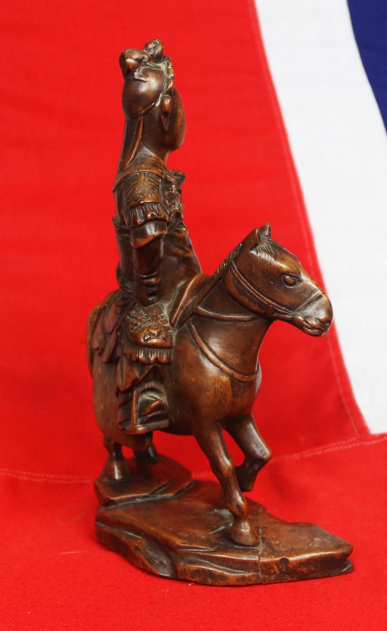 A Most Attractive Qing {Ching} Dynasty Carved Wood Sculpture of a Chinese Mounted Han Dynasty General, Probably General Zhaoyun.