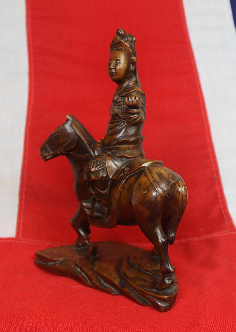 A Most Attractive Qing {Ching} Dynasty Carved Wood Sculpture of a Chinese Mounted Han Dynasty General, Probably General Zhaoyun.