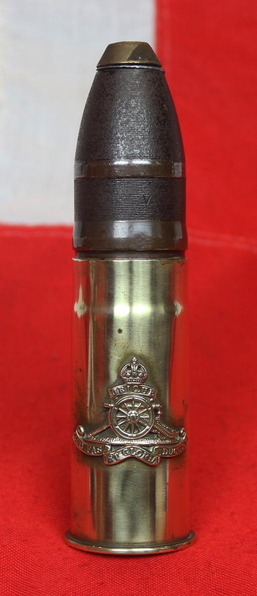 A Superb Piece of WW1 Trench Art. A One Pounder German Shell. Royal Artillery Regimental Badged