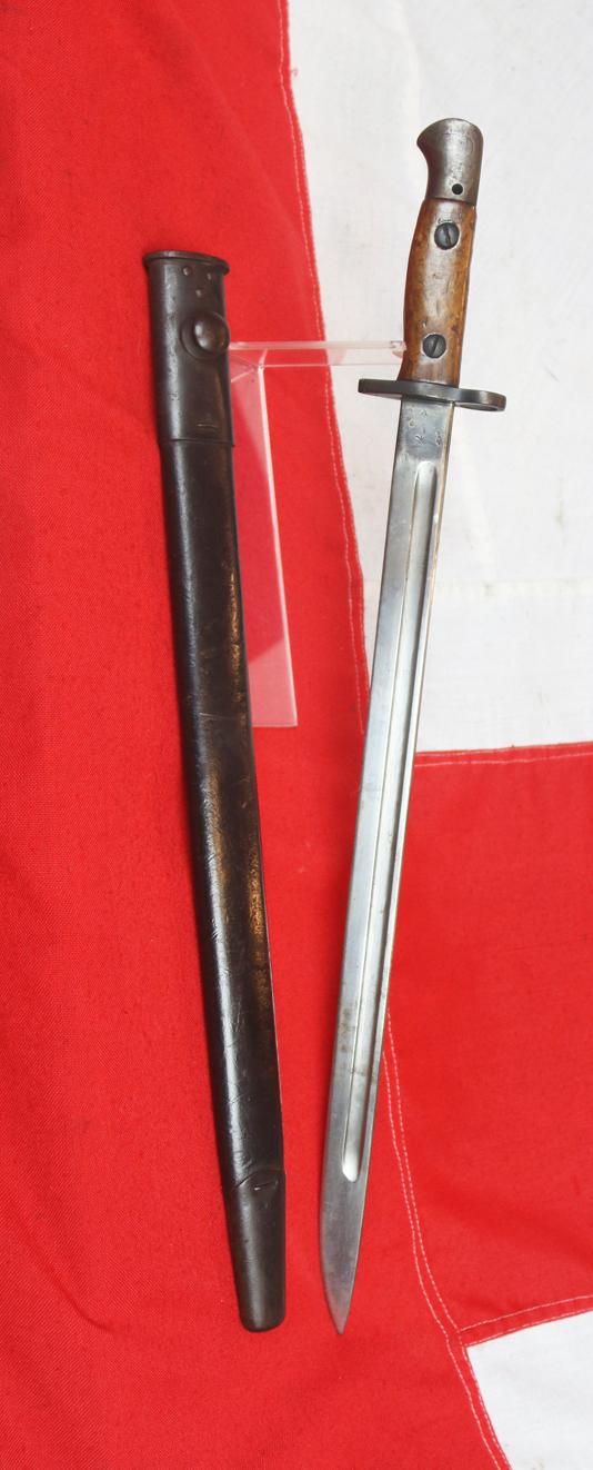 A WW1 British Army Standard Issue SMLE Enfield .303 MK3 Rifle Sword Bayonet, by Sanderson. Used In Combat Service in WW1 and WW2