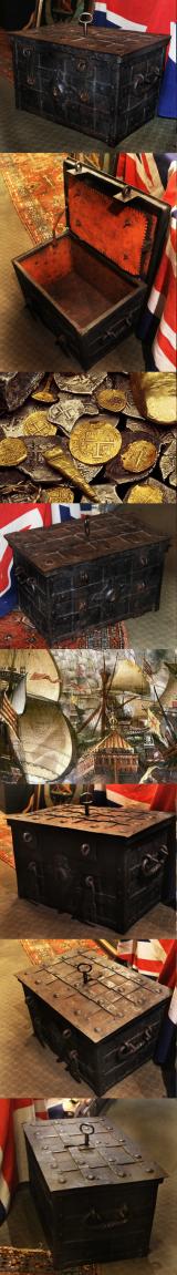 An Exceptional And  Rare, Late-Renaissance, 1500's to Early 1600's, Nuremberg, Iron, Strongbox or Ship's Treasure Chest, With its Original Key. Used Aboard Galleons To Store The Ship's Bullion or Treasure