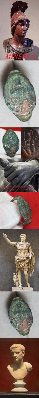 1st Century Roman Bronze Ring, Engraved Intaglio of Goddess Minerva With Her Spear & Shield, Inlaid With Red Enamel. For Such As A Roman Centurion or  An Equites