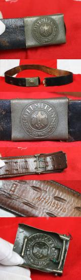 Army (Heer) German, Early War WW2, Original and Untouched Since 1945 Heer Enlisted Soldiers “Gott Mit Uns” Leather Belt and Buckle. Buckle Latch Stamped OLC. Overhoff & Cie. of Ludenscheid. Belt Maker Stamped and Size 100cm