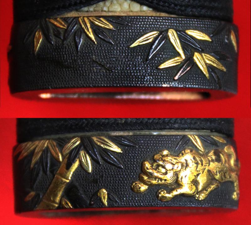 A Handsome Koto Period, Circa 1500, Samurai Chisa Katana With Amazing Blade, With A Very Beautiful Edo Shoami Sukashi Tsuba Of a Leaping Koi Carp in White Water. Fabulous Fuchi of a Tiger in a Bamboo Grove of Pure Gold Onlaid Shakudo