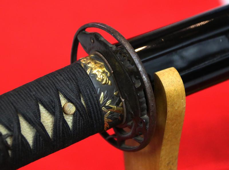 A Handsome Koto Period, Circa 1500, Samurai Chisa Katana With Amazing Blade, With A Very Beautiful Edo Shoami Sukashi Tsuba Of a Leaping Koi Carp in White Water. Fabulous Fuchi of a Tiger in a Bamboo Grove of Pure Gold Onlaid Shakudo