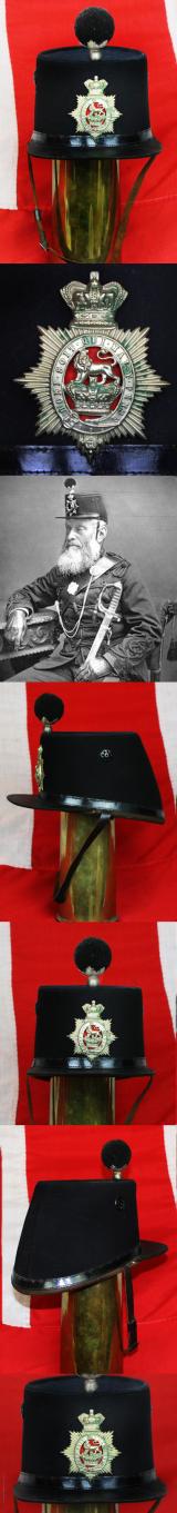 A Superb & Excellent Condition Mid Victorian Infantry Shako Service Cap, Pierced Centre, Double Crowned, With Lion Centre. General Service Shako Helmet Plate & And Rarely, Complete & Original, Leather Chin Strap