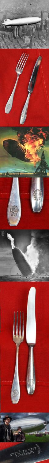 A1930's Third Reich, Deutsche Zeppelin-Reederei  Air Ship Silver Knife & Fork, From The Hindenberg Dining Room, Allegedly Recovered After The Crash By a Lakehurst Based Military Officer. Made by Gebr.Hepp {the Hepp Brothers}
