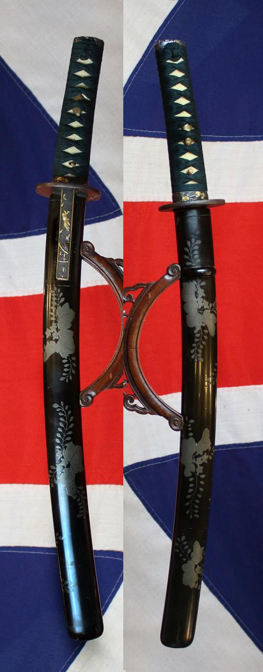 Beautiful Koto Wakazashi, 16th Century, Soten School Fuchgashira, Goto Shishi Lion Dog Kozuka, Silver Urushi Aoi Leaf Lacquer Decor Saya,  Hira-zogan Tetsu Shinto Tsuba Inlaid With Kinko Weeping Willow