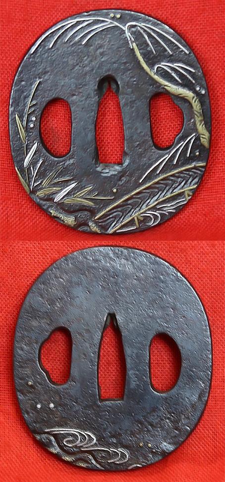 Beautiful Koto Wakazashi, 16th Century, Soten School Fuchgashira, Goto Shishi Lion Dog Kozuka, Silver Urushi Aoi Leaf Lacquer Decor Saya,  Hira-zogan Tetsu Shinto Tsuba Inlaid With Kinko Weeping Willow