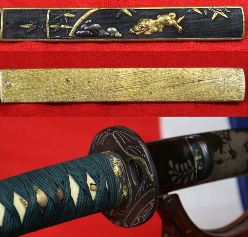 Beautiful Koto Wakazashi, 16th Century, Soten School Fuchgashira, Goto Shishi Lion Dog Kozuka, Silver Urushi Aoi Leaf Lacquer Decor Saya,  Hira-zogan Tetsu Shinto Tsuba Inlaid With Kinko Weeping Willow