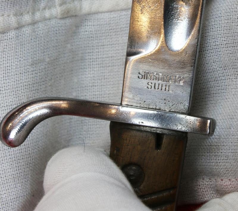 A Rare Early 'Long Eared' German WW1 'Butcher' Bayonet S98/05 o.S. (ohne Sage} with Leather and Steel Scabbard and Frog Belt Mount. By Simson & Co. Suhl.