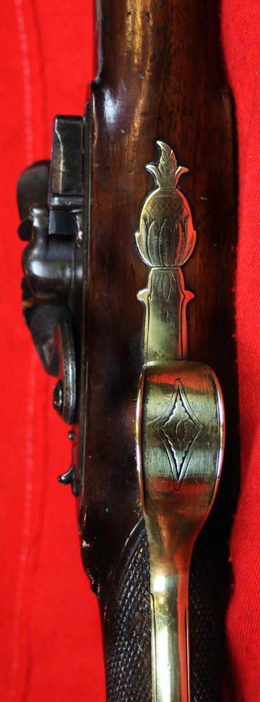 A Rare and Absolutely Spectacular, J. & W. Richards, All-Brass Flintlock Blunderbuss With Sprung Top Mounted Bayonet. Finest 'Juglans Regia' Walnut Stock. Circa 1800. Much Favoured by Ship's Captains
