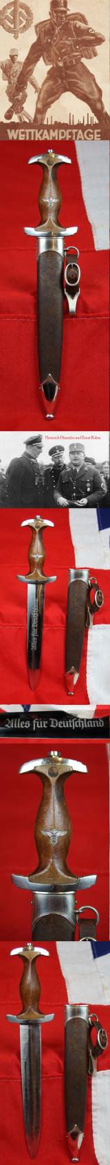 A Simply Superb Early 1933 SA 'Rohm Erased' Dagger by E. Pack & Sohn In Such Fine Condition It Is Unlikely To Be Improved Upon By Finding a Better Example. It Easily Qualifies As A Museum Grade Example. Complete With Original Leather Hanger Strap.