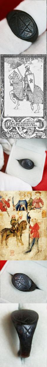 Original & Rare Ancient 1300’s Mystical Pentagram Bronze Knightly Ring, From The Wars in France At Poitiers And Crecy, & The Time of The Poem Sir Gawain & The Green Knight. The Pentangle Symbolised The Power To Ward Off Demons