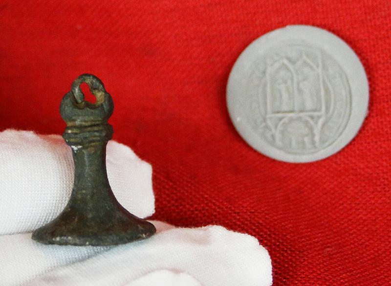 Most Rare and Intriguing, Original 1300's, Medieval Ecclesiastical Personal Bronze Seal Matrix of Two Figures Each in a Lancet Arch, Engraved At The Rim St Philip {the Apostle}. Over 700 Years Old. With Potential Connection to Kirkham Priory, Yorkshire