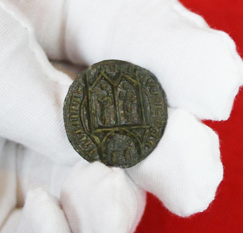 Most Rare and Intriguing, Original 1300's, Medieval Ecclesiastical Personal Bronze Seal Matrix of Two Figures Each in a Lancet Arch, Engraved At The Rim St Philip {the Apostle}. Over 700 Years Old. With Potential Connection to Kirkham Priory, Yorkshire