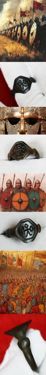 6th-7th Century Anglo Saxon Period Warrior's Bronze Ring from the Time of The Sutton Hoo Burial & the Ancient Story of Beowulf Engraved With a Warrior Armed With a Shield and Spear. Possibly a Stylized Representation of a Warrior of Such as King Raedwald