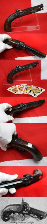 An Original, Antique, Continental 'Derringer' Back-Action Percussion Lock Pocket Pistol Circa 1840. Fancy Engraved Lock. Blued Steel Finish