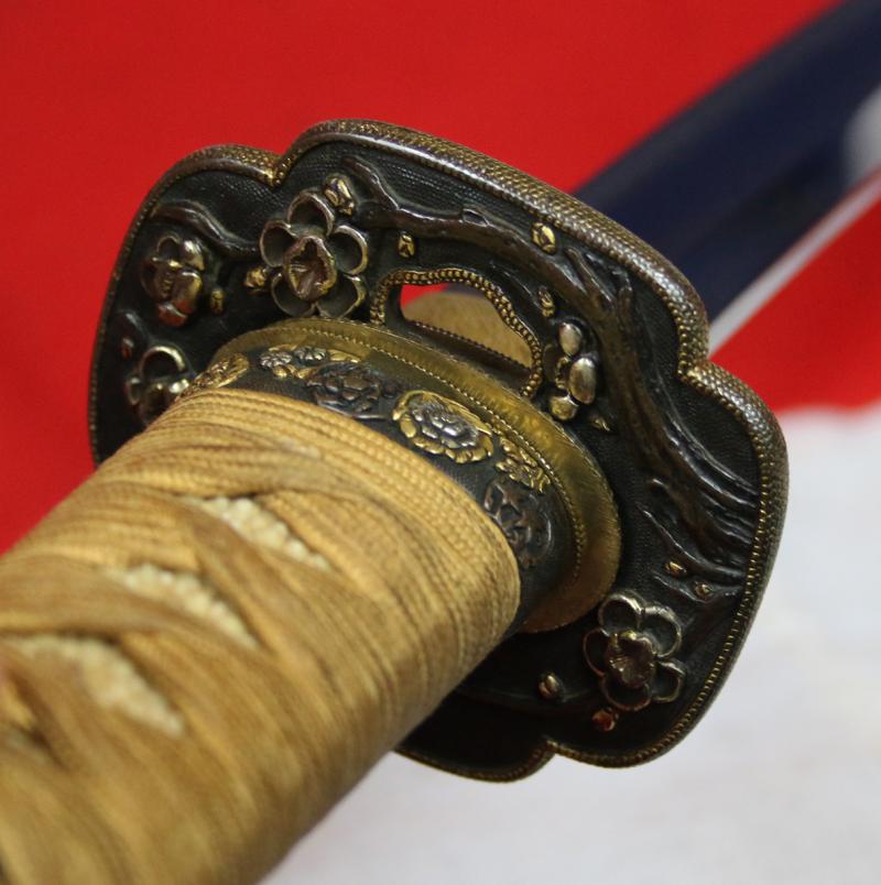 A Super and Most Beautiful Koto Wakazashi Circa 1550 With Original Edo Koshirae of Shakudo, Silver & Gold with a Nagoyamono Tsuba in Shakudo & Gold Prunus Tree With Nanako Ground and a Nanako Rim