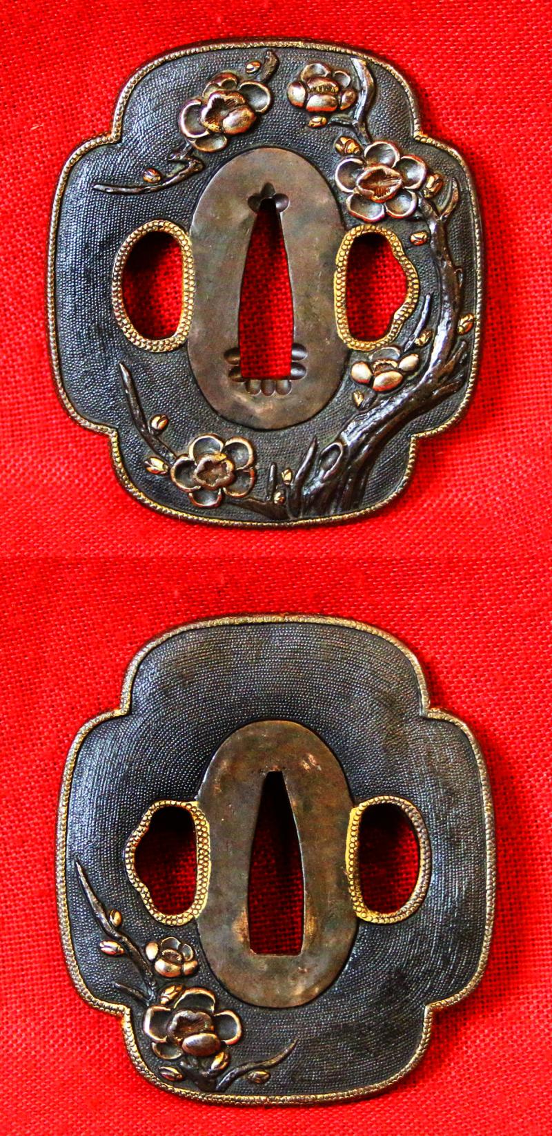 A Super and Most Beautiful Koto Wakazashi Circa 1550 With Original Edo Koshirae of Shakudo, Silver & Gold with a Nagoyamono Tsuba in Shakudo & Gold Prunus Tree With Nanako Ground and a Nanako Rim