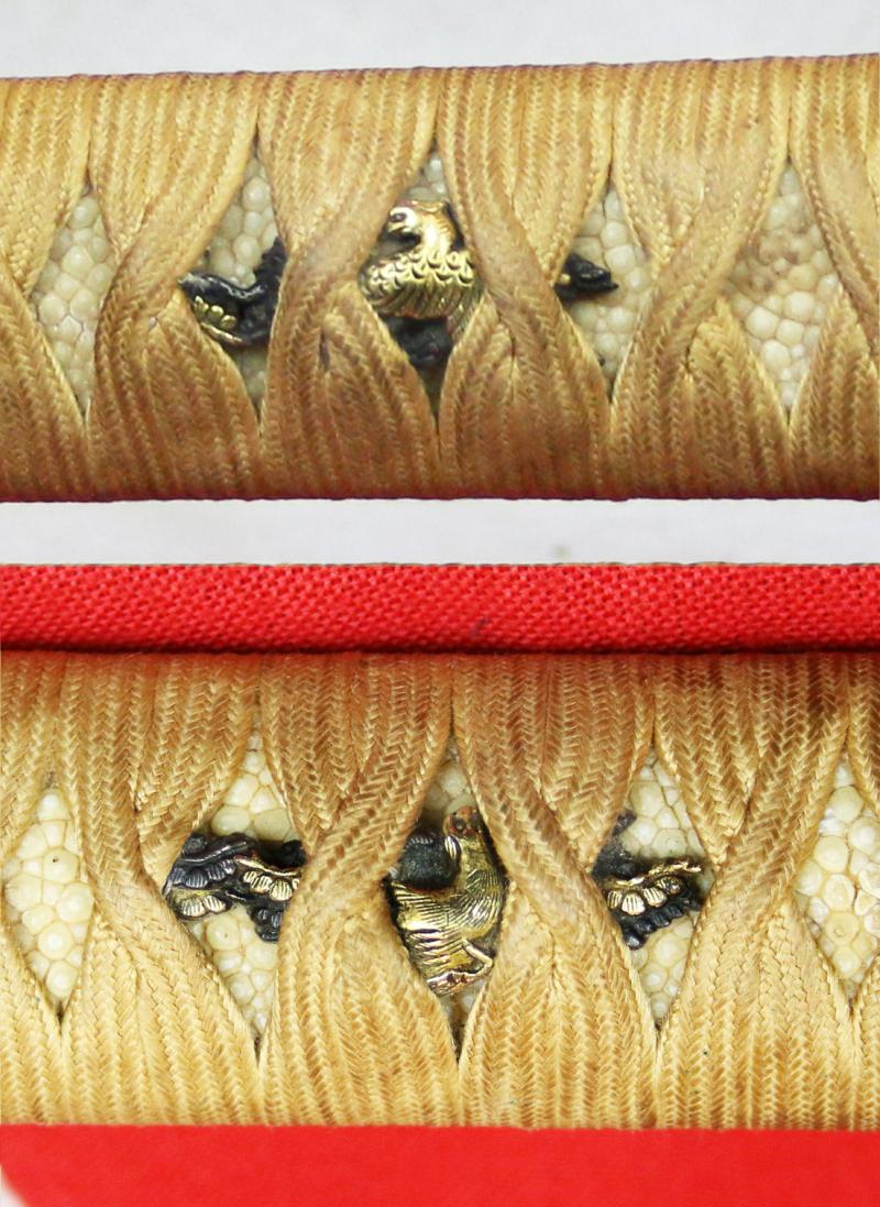 A Super and Most Beautiful Koto Wakazashi Circa 1550 With Original Edo Koshirae of Shakudo, Silver & Gold with a Nagoyamono Tsuba in Shakudo & Gold Prunus Tree With Nanako Ground and a Nanako Rim