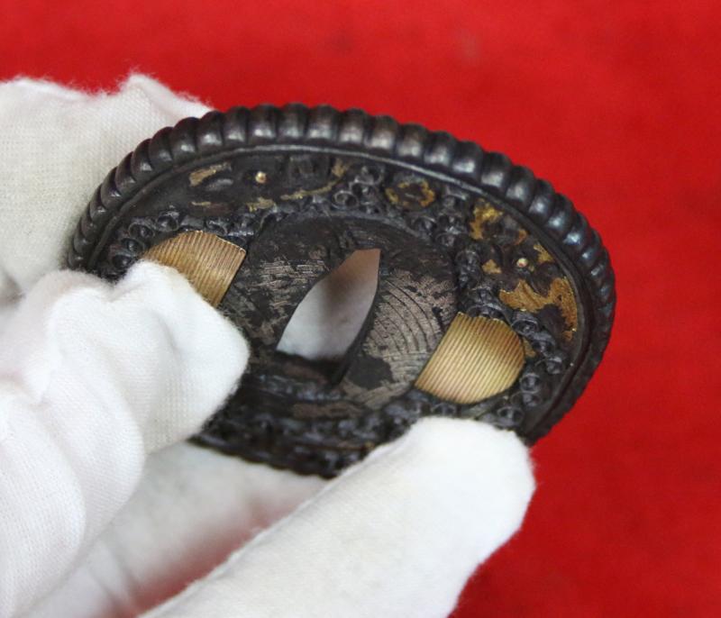A Beautiful Quality Nanban Tsuba of Flying Dragons Over Scrolling Clouds With Gold Work. It Is Simply Breathtaking in its Beauty And Craftsmanship.