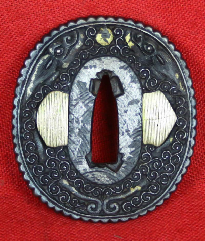 A Beautiful Quality Nanban Tsuba of Flying Dragons Over Scrolling Clouds With Gold Work. It Is Simply Breathtaking in its Beauty And Craftsmanship.