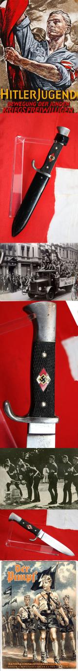 A Good Hitler Jugend Dagger 1936 By Puma {Coded  M7/27} Blut und Ehre Blade. Scarce Transitional Early Period Dagger Which Bears Its Makers Name and RZM Code