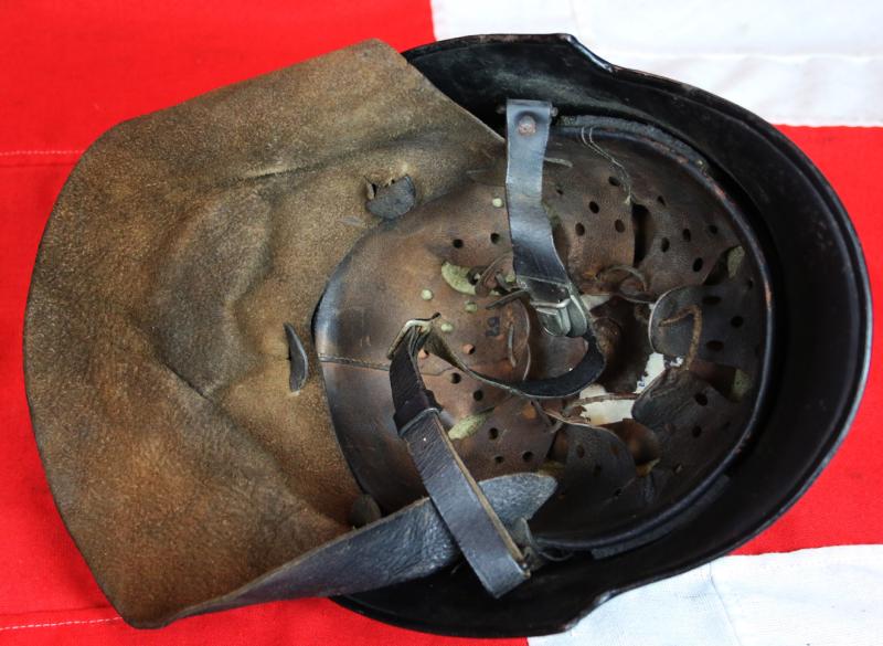 A Very Good Original 1934 Early Pattern, Designed Without Insignia, WW2 Third Reich, German, Combat Fire Protection Police Service Helmet, With Comb and Detachable Leather Neck Shield. Feuerwehr/Feuerschutzpolizei