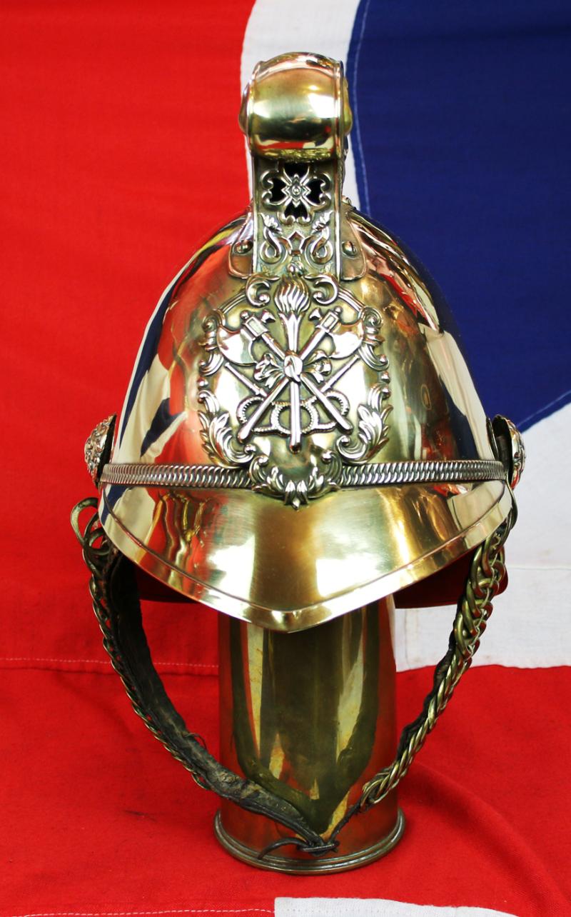 A Most Beautiful, Original, Victorian, Merryweather British Fire Service Helmet, In Brass With Gilt Dragon Comb & Chinscales In Fabulous Condition. Used When British Firefighters Were The Bravest In The Land.