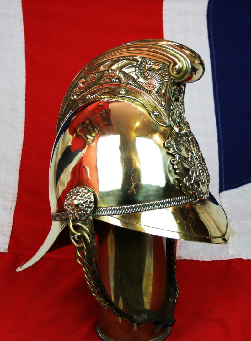 A Most Beautiful, Original, Victorian, Merryweather British Fire Service Helmet, In Brass With Gilt Dragon Comb & Chinscales In Fabulous Condition. Used When British Firefighters Were The Bravest In The Land.