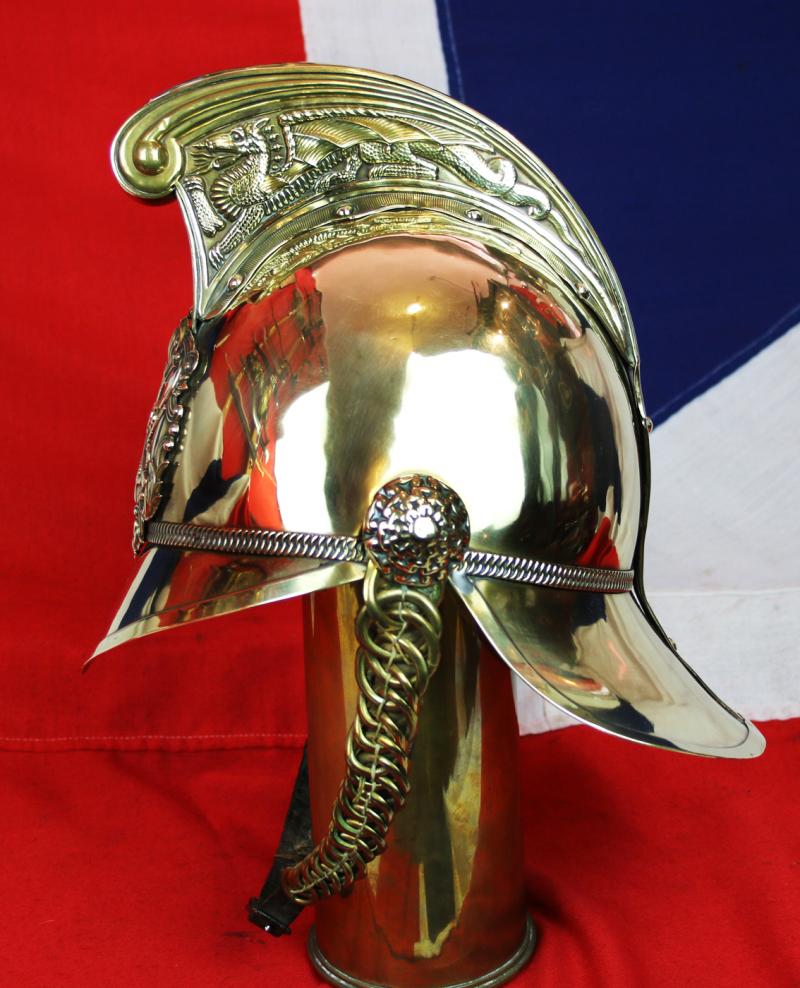 A Most Beautiful, Original, Victorian, Merryweather British Fire Service Helmet, In Brass With Gilt Dragon Comb & Chinscales In Fabulous Condition. Used When British Firefighters Were The Bravest In The Land.