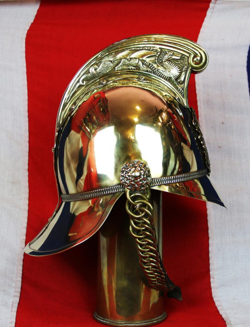 A Most Beautiful, Original, Victorian, Merryweather British Fire Service Helmet, In Brass With Gilt Dragon Comb & Chinscales In Fabulous Condition. Used When British Firefighters Were The Bravest In The Land.