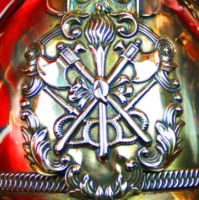 A Most Beautiful, Original, Victorian, Merryweather British Fire Service Helmet, In Brass With Gilt Dragon Comb & Chinscales In Fabulous Condition. Used When British Firefighters Were The Bravest In The Land.