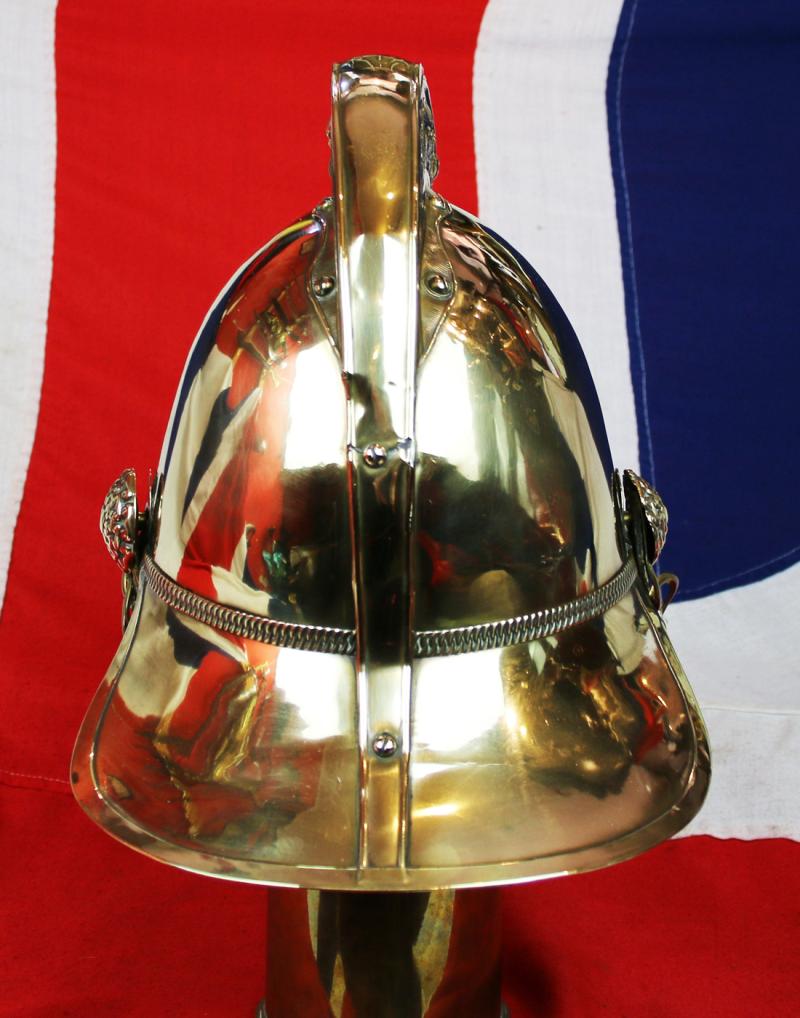 A Most Beautiful, Original, Victorian, Merryweather British Fire Service Helmet, In Brass With Gilt Dragon Comb & Chinscales In Fabulous Condition. Used When British Firefighters Were The Bravest In The Land.