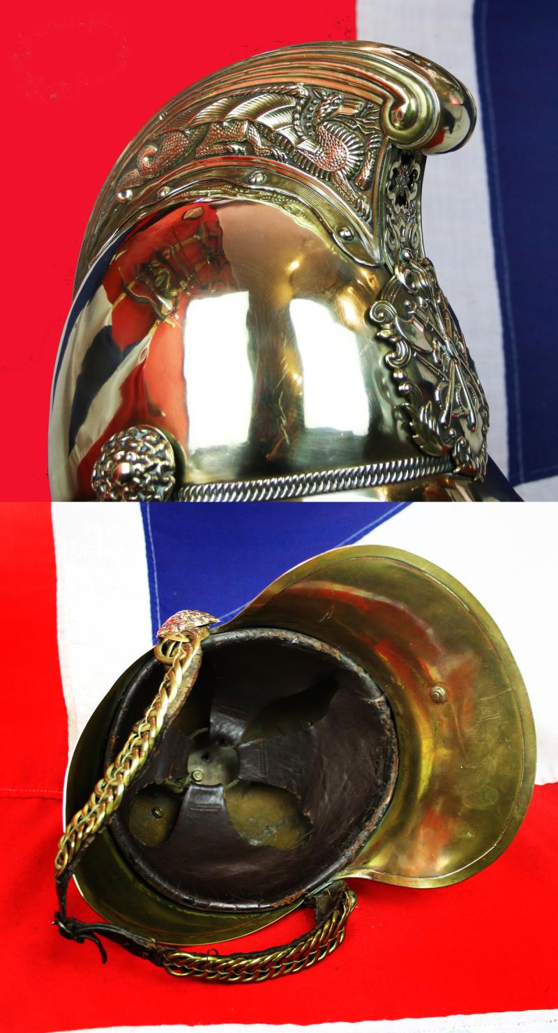 A Most Beautiful, Original, Victorian, Merryweather British Fire Service Helmet, In Brass With Gilt Dragon Comb & Chinscales In Fabulous Condition. Used When British Firefighters Were The Bravest In The Land.