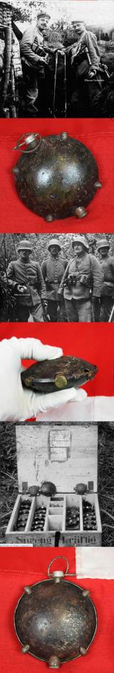 An Incredible & Rare To Find In This Condition Souvenir From The Trench Warfare of the Great War. A Very Good German WW1 1915 Discus Grenade, Discushandgranate An Improved 1913 Type