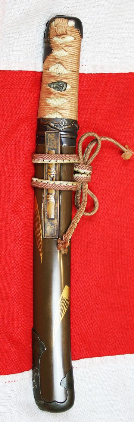 A Beautiful & Most Charming Aikuchi Tanto. Japanese Civil Wars Period Early, Koto Blade, Circa Late 14th Century, Delightful Takebori Matched Koshirae On The Theme of Japanese Plum {Ume} Blossom & Bamboo {Sho-Chiku-Bai}