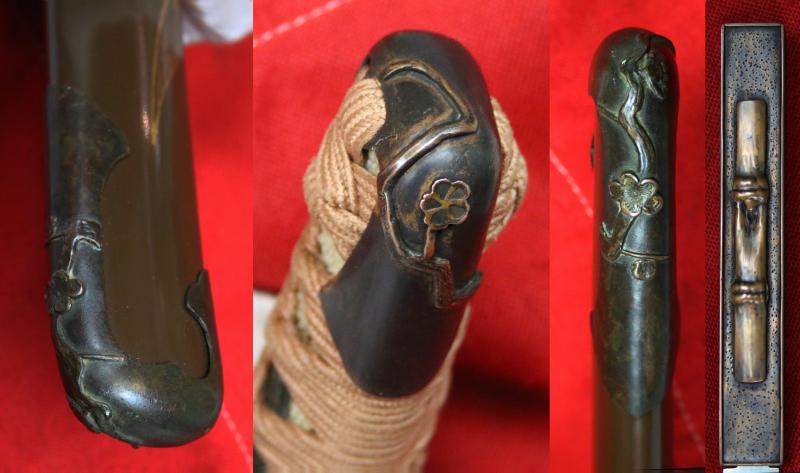 A Beautiful & Most Charming Aikuchi Tanto. Japanese Civil Wars Period Early, Koto Blade, Circa Late 14th Century, Delightful Takebori Matched Koshirae On The Theme of Japanese Plum {Ume} Blossom & Bamboo {Sho-Chiku-Bai}
