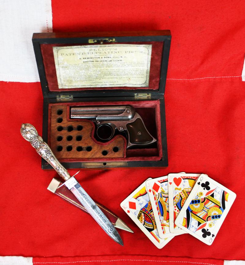 A Simply Superb. Antique, Wild West, Original .32 rimfire Remington Elliot 1860-61 patent, Cased Four-Barrelled Derringer Pistol. As Good, If Not Better, Than Any to Be Currently Seen In American Wild West Museums. Cased by T Underhill of Manchester