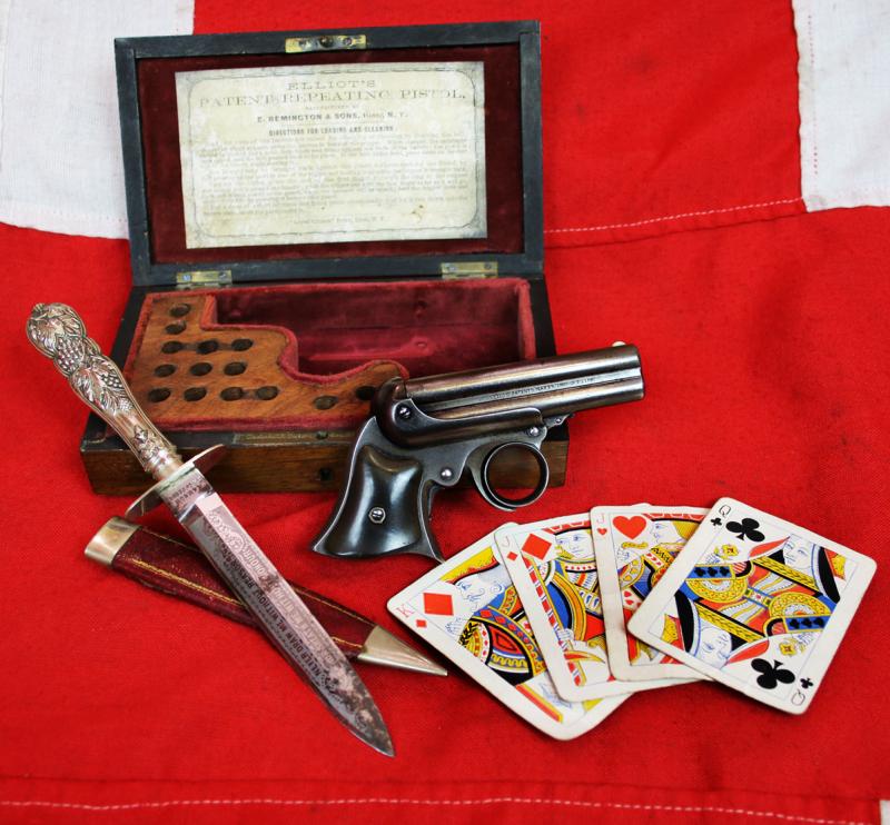 A Simply Superb. Antique, Wild West, Original .32 rimfire Remington Elliot 1860-61 patent, Cased Four-Barrelled Derringer Pistol. As Good, If Not Better, Than Any to Be Currently Seen In American Wild West Museums. Cased by T Underhill of Manchester