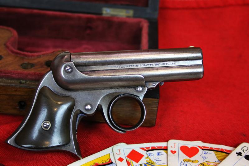 A Simply Superb. Antique, Wild West, Original .32 rimfire Remington Elliot 1860-61 patent, Cased Four-Barrelled Derringer Pistol. As Good, If Not Better, Than Any to Be Currently Seen In American Wild West Museums. Cased by T Underhill of Manchester